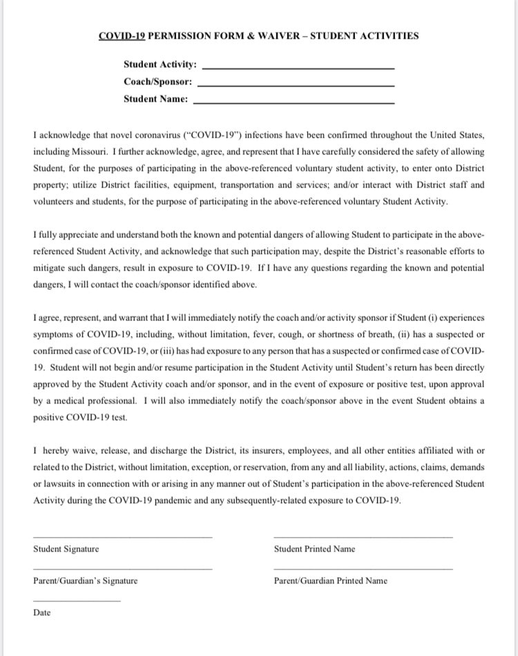 Any student participating in a summer activity must complete the attached waiver. It can be returned on the first day 6/15.