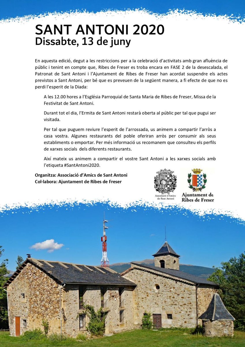 ❗️El Patronat de Sant Antoni i l'Ajuntament de #RibesdeFreser han acordat suspendre els actes previstos per Sant Antoni 2020

⛪️ Malgrat tot, el dissabte 13 de juny a les 12h tindrà lloc la missa de la Festivitat de Sant Antoni a l'Església Parroquial de Santa Maria

+ info👇
