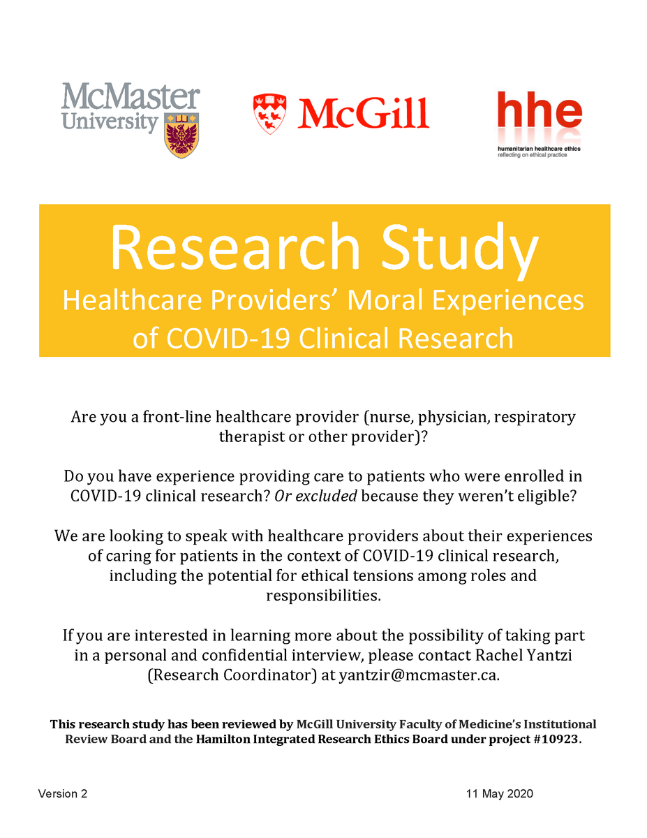 HumEthNet (@humethnet) on Twitter photo Are you a healthcare provider caring for patients who are enrolled in or excluded from COVID clinical research? We’re conducting a study about the ethics of COVID research and front-line healthcare providers’ experiences. To learn more contact Rachel Yantzi at yantzir@mcmaster.ca Are you a healthcare provider caring for patients who are enrolled in or excluded from COVID clinical research? We’re conducting a study about the ethics of COVID research and front-line healthcare providers’ experiences. To learn more contact Rachel Yantzi at yantzir@mcmaster.ca