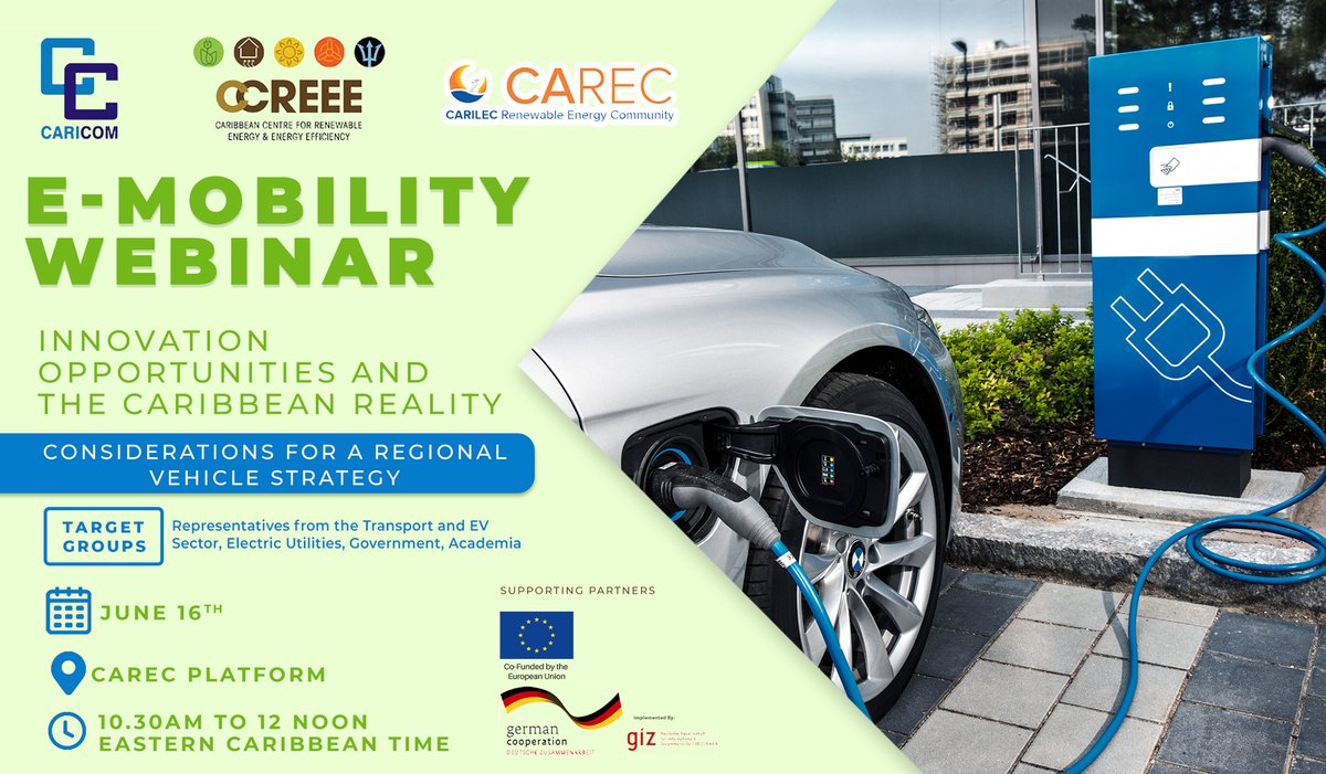 SAVE THE DATE!

Hear from leading experts on how the E-Mobility revolution is driving toward a mainstream reality in the Caribbean during an upcoming webinar hosted by <a href="/CARICOMEnergy/">CARICOM Energy</a>  <a href="/carilecpower/">CARILEC</a> &amp; <a href="/CCREEE_GNSEC/">Caribbean Centre for RE and EE</a>. 

When? June 16th 2020 at 10:30 am EST.