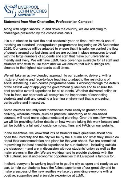 Our Vice-Chancellor, Professor Ian Campbell, has today updated all students and staff on our plans for moving forward together at #LJMU. We have included a summary below and a link to the full statement. 

ljmu.ac.uk/about-us/news/…

#LJMUtogether