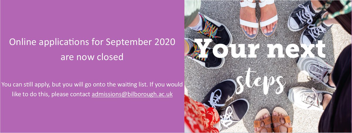Online applications for September 2020 are now closed. You can still apply, but you will go onto the waiting list. If you would like to do this, please contact admissions@bilborough.ac.uk