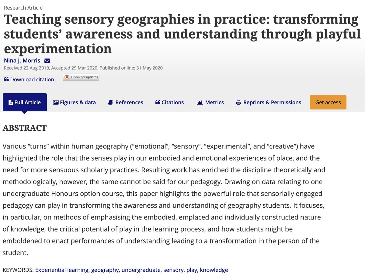 Journal of Geography in Higher Education (JGHE) (@jghe_journal) on Twitter photo 🚨New paper online this week!
"Teaching sensory geographies in practice: transforming students’ awareness and understanding through playful experimentation" <a href="/_NinaJM/">Nina Morris</a>
▶️tinyurl.com/y7bsq29d
<a href="/RoutledgeGPU/">Routledge Geog&Built</a> <a href="/tandfonline/">Taylor & Francis Research Insights</a> 🚨New paper online this week!
"Teaching sensory geographies in practice: transforming students’ awareness and understanding through playful experimentation" <a href="/_NinaJM/">Nina Morris</a>
▶️tinyurl.com/y7bsq29d
<a href="/RoutledgeGPU/">Routledge Geog&Built</a> <a href="/tandfonline/">Taylor & Francis Research Insights</a>