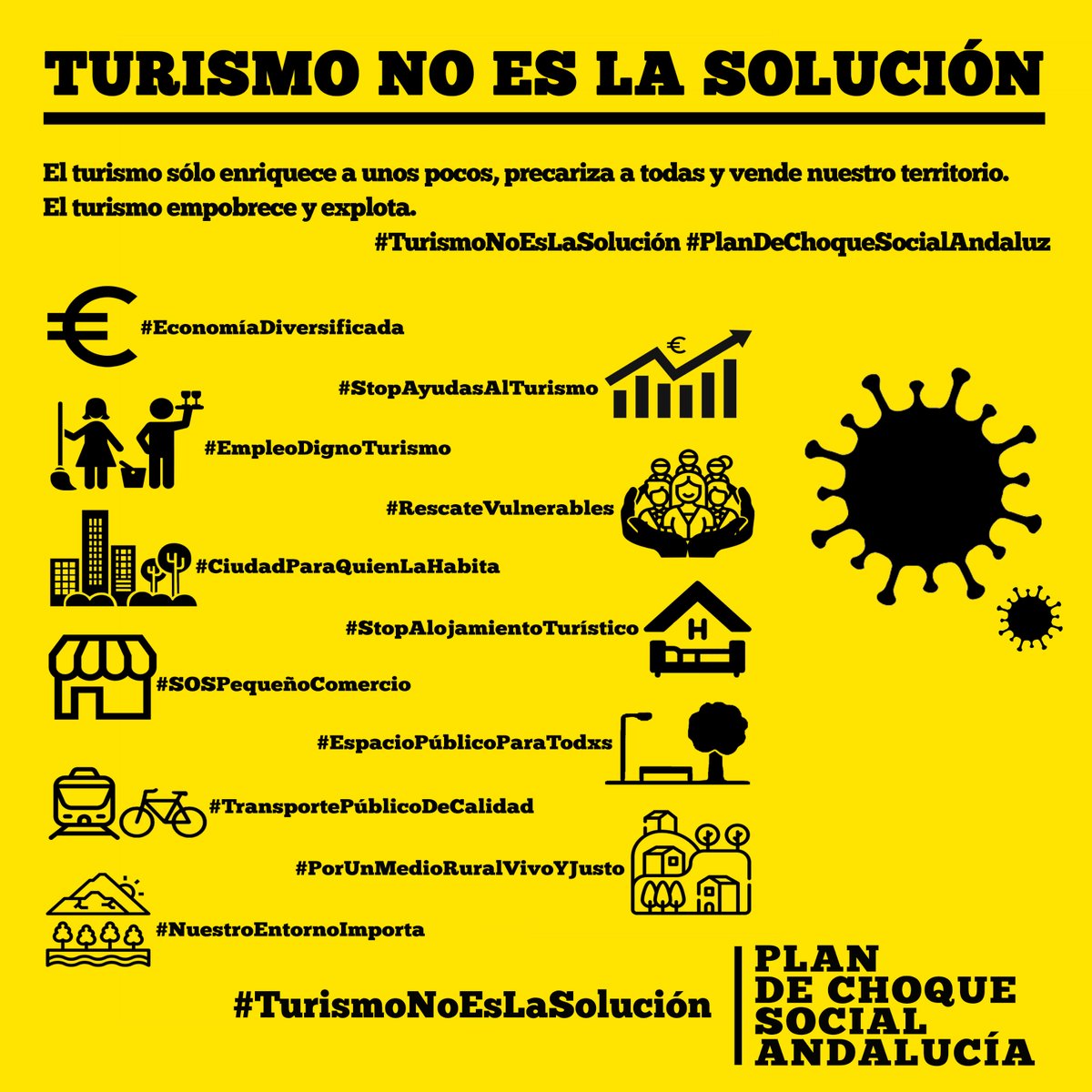 El turismo sólo enriquece a unos pocos, precariza a todas y vende nuestro territorio. El turismo empobrece y explota. #TurismoNoAMiCosta #TurismoNoEsLaSolución #PlanDeChoqueSocialAndaluz