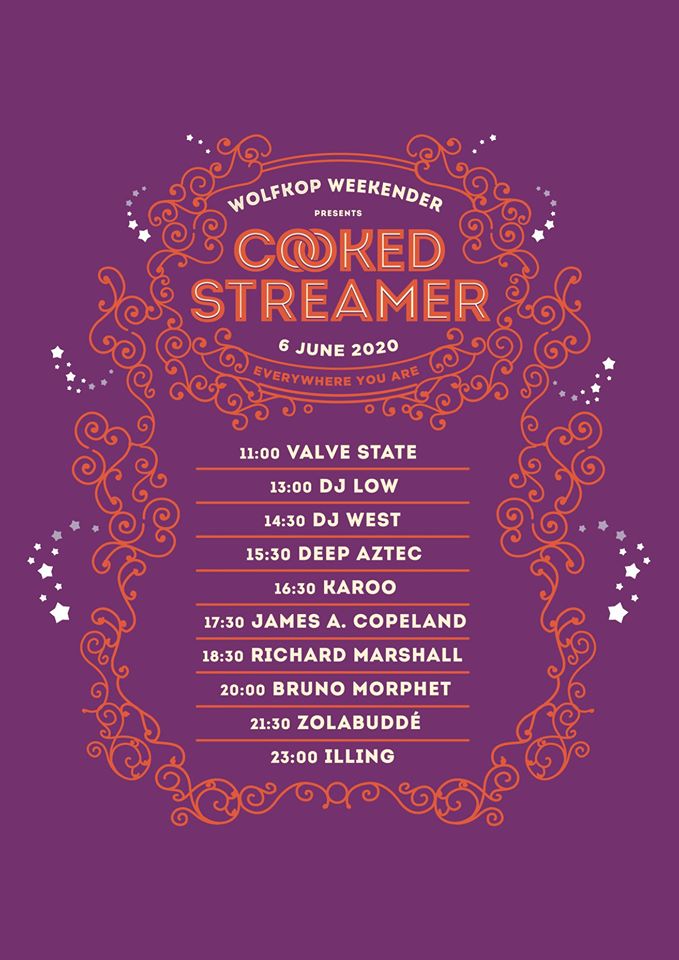 SAT 6 JUN | 11:00 | ONLINE
#WolfkopWeekender Cooked Streamer ft Richard Marshall, <a href="/BrunoMorphet/">Bruno Morphet</a>, Zolabuddé, Illing &amp; more.
Raising funds for SAFE, Matjiesfontein Hotel, artists and permanent Wolfkop Weekender staff.

Tickets | FREE, but donations welcome 
bit.ly/2Mk5ggo