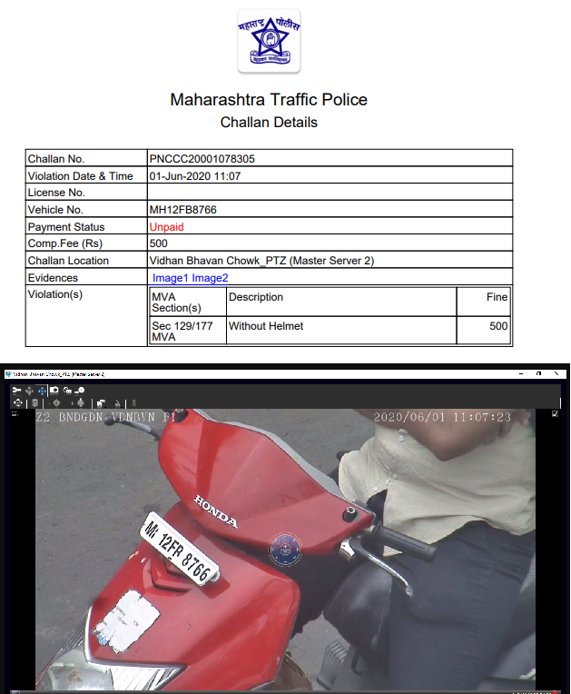thewecken's tweet photo. Hi @DGPMaharashtra team,
I have received a challan of 500 rupees (PNCCC20001078305) for not wearing a helmet. But I was not out of my house since lockdown. Also, the image is of Honda Dio whereas I have a Yamaha FZ. Please correct the challan details. https://t.co/u8pqkWMu56