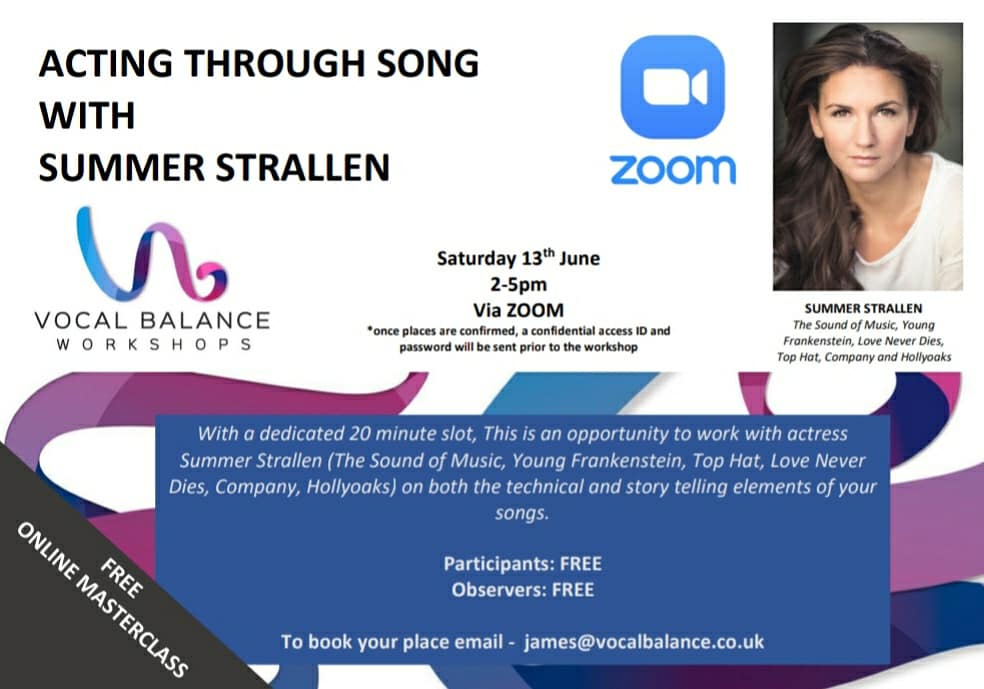 VocalBalance's tweet photo. *SATURDAY 13TH JUNE* 
We are delighted to announce our next free online ACTING THROUGH SONG WORKSHOP, will be led by the wonderful @SummerStrallen1. Saturday 13th June, 2-5pm via ZOOM. Participant and Observer places available💜💙
To book email - james@vocalbalance.co.uk https://t.co/FsZwCZA0Ky