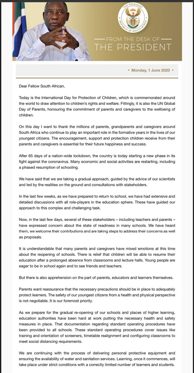 MbalulaFikile's tweet photo. “As parents, teachers, governing bodies and government, we are in agreement that no school should re-open until all the necessary precautions are in place. There needs to be transparency about the level of preparedness of each of the schools.” 

The President https://t.co/sbjHejdNmf