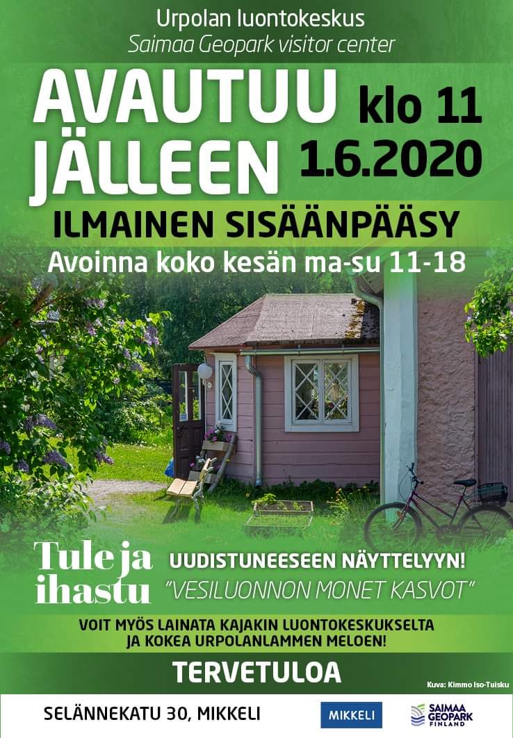 SaimaaGeopark's tweet photo. Urpola Nature Center and Saimaa Geopark Visitor Center's opening will be celebrated today at 11 am 😊
The opening is part of the events of the European Geoparks Week.
#saimaageopark #aspiringsaimaageopark #europeangeoparksweek #geoparkweek #visitorcenter #EGN #GGN #UGG https://t.co/sbDzIR1wgM