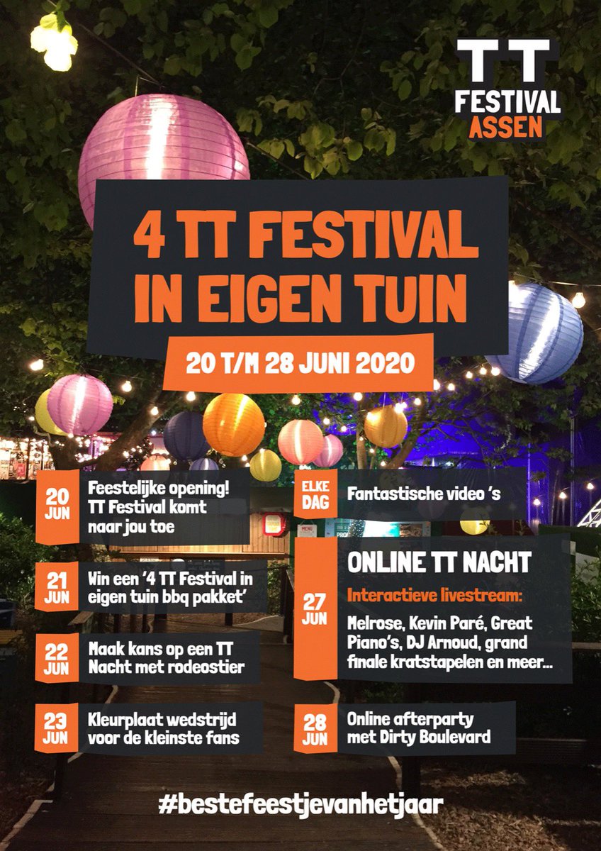 TTFestivalAssen's tweet photo. De laatste week van juni staat in het teken van ‘4 TT Festival in eigen tuin’ 🏡. Het TT Festival komt naar jou toe!

Hou onze social media in de gaten voor meer informatie.

#TTFestival #bestefeestjevanhetjaar #Assen #4TTFestivalineigentuin #zorggoedvoorelkaar❤️ https://t.co/A3PZ3G9YZB