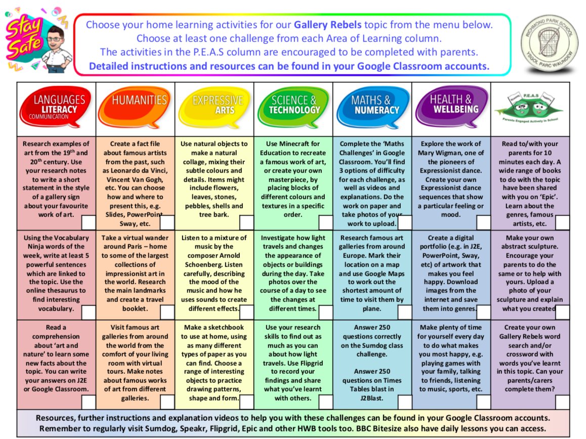 RichmondParkCPS's tweet photo. Parents, please see attached our new home learning menus and topics for Nursery to Year 6 for the Summer term. All the resources and further information on each task can be found in the children's J2Homework or Google Classroom accounts. #StaySafeRPS @PEAScommunity https://t.co/PKGarfommU
