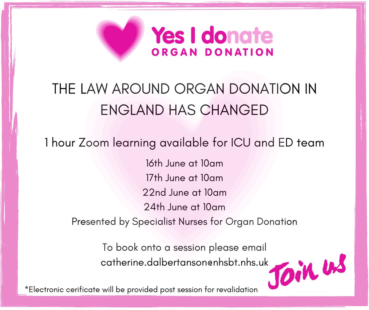 📣ICU and ED Nurses❗️
The law on organ donation has changed in England as of 20th May. Want to know more?
See below for details of FREE online learning powered by @zoom_us 
Please share with your colleagues 💗#OrganDonation #YesiDonate #Savinglives