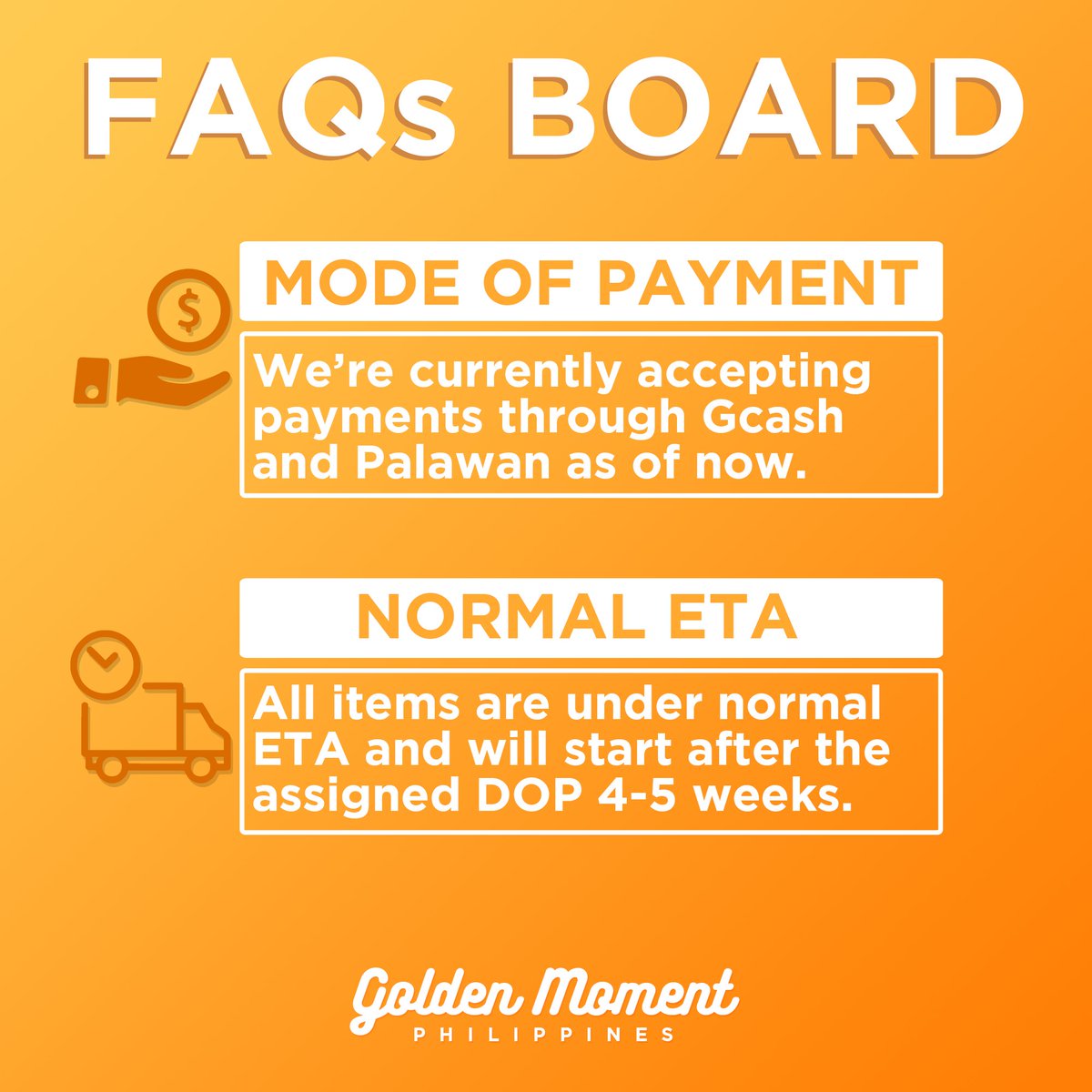 GOLDENMOMENTPH's tweet photo. Hello! Welcome to Golden Moment ✨!

These are some things to take note of! Happy shopping. 💫

📌 For updates: #GMPHUpdates
📌 For proof of transactions: #GoldenMomentPHFeedbacks https://t.co/aTmZ50FXu7