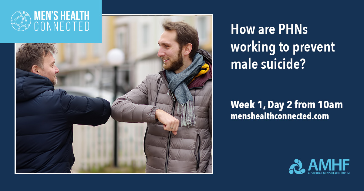 What are Primary Health Networks doing to prevent male suicide? Come and find out tomorrow (Tuesday).....register here: bit.ly/2Bmyn0z
#menshealthconnected #mensmentalhealth #malesuicide
