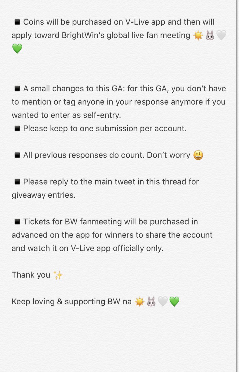 Giveaway | Hi, I'll add 2 more live ticket pass & 3 more VOD for  #BrightWin fansNow livestream: 4VOD: 6 Tickets for  #BrightWin will be purchased on V-Live app directly for winners. Pls RT & read the whole thread. Thank you   #PartnerxBrightWinFM  #GlobalLiveFM
