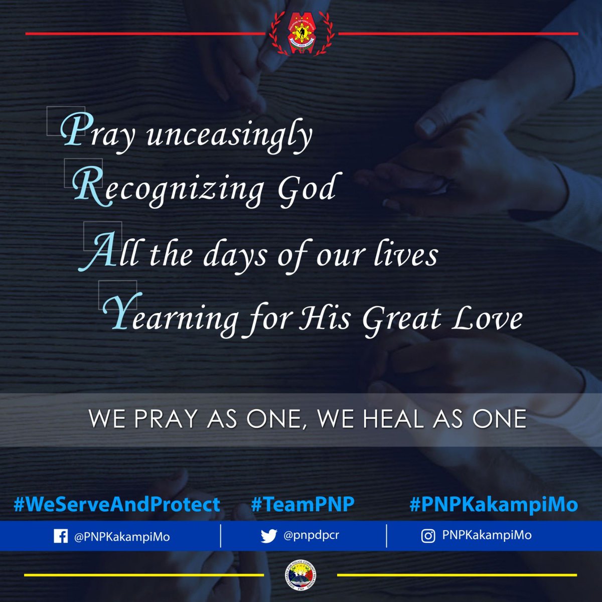 pnpdpcr's tweet photo. Brothers and Sisters, let us join our hands together and PRAY.
Kaya natin ito! 
We pray as one. We heal as one.

#PNPKakampiMo
#TeamPNP
#WeServeandProtect
#WePrayasOneWeHealasOne https://t.co/XVngGV9Aep