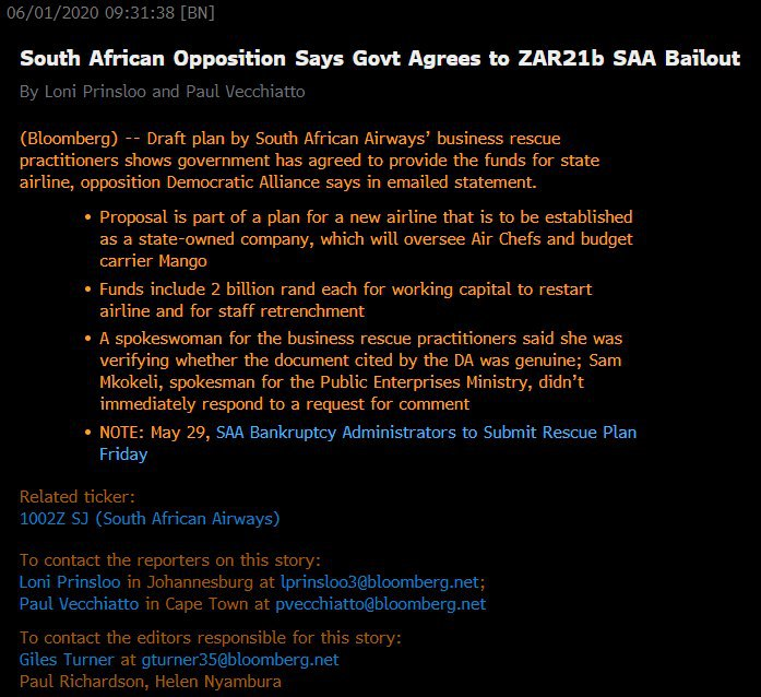 *#SOUTHAFRICANAIRWAYS (#SAA) ADMINISTRATORS PROPOSE R21BN BAILOUT: DA
(Bloomberg)