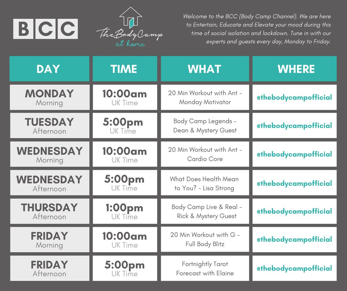 Week 10 of The Body Camp at Home programme💪🏼 🏠 🧠✨ If you’ve got any questions about our IG Live sessions this week, please ask below and our friendly team will be in touch. #BCC 📺
