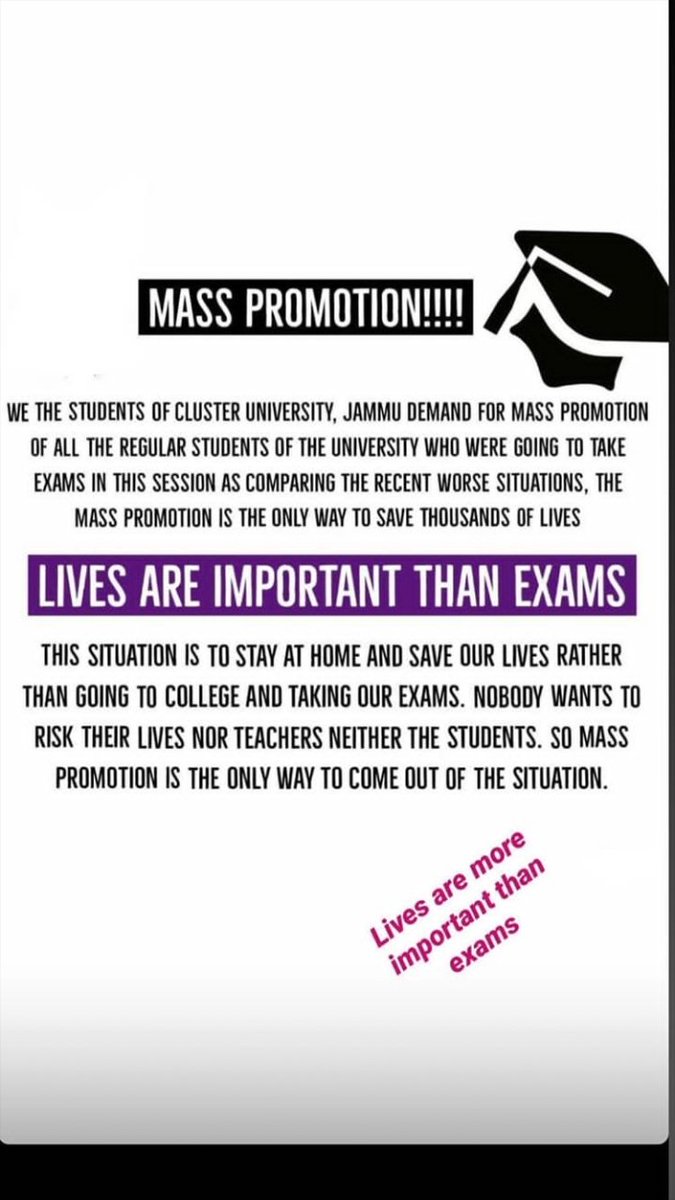 #promote_jk_students 
#no_exams_for_Jk_students 
#jammuuniversity
#clusteruniversityjammu
#Ugc
#HRDMinistry