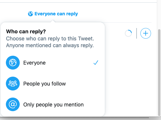 Just realised the Twitter web client has rolled this option out - not available on TweetDeck as far as I can see. Wonder if it causes conflict with previously available setting to only allow replies from followers. I think this says something larger about the zeitgesit.