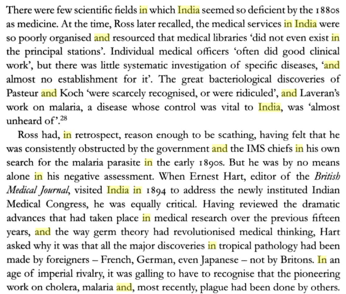 David Arnold also recounts how the British neglected the medical field in India. Vast numbers of Indians died due to this neglect and bad sanitary practices in British made slums, that spread pandemics like Malaria and Cholera. That was the status of science in British India.