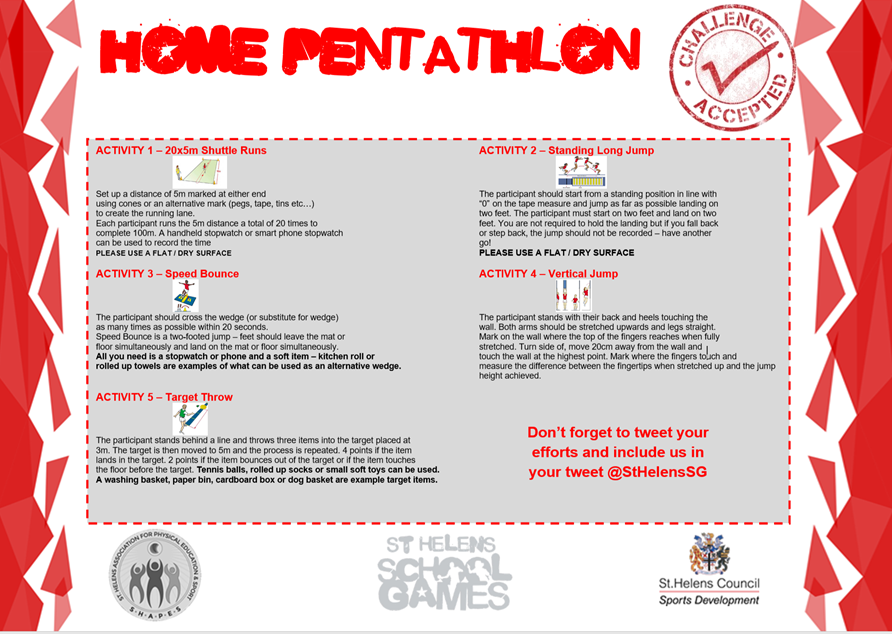 StHelensSG's tweet photo. 📢CHALLENGE TIME📢

Over the next two weeks, we want you to complete each of the five activities of the @SportshallUK Home Pentathlon!

Everyone who does and submits their scores will receive a School Games medal &amp; certificate!

We cant wait to see how you get on! https://t.co/KhpxvAKeCB