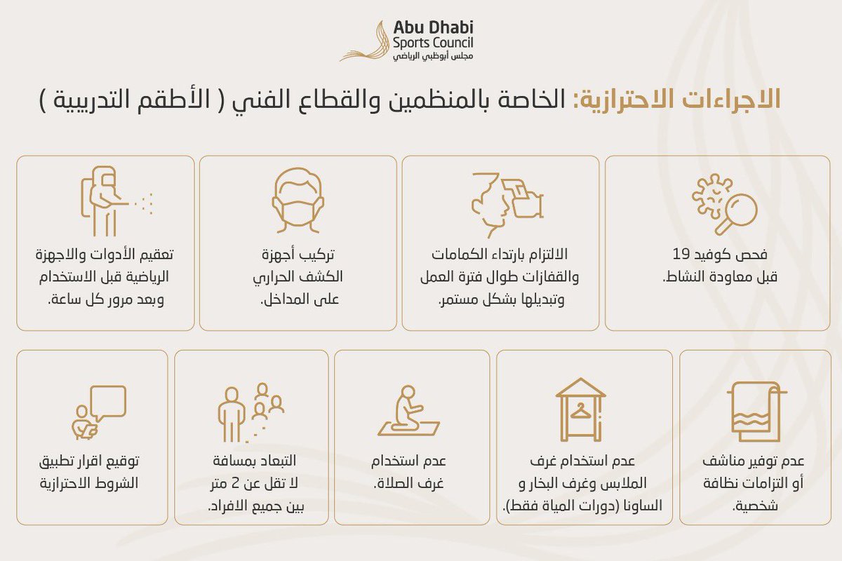 AbuDhabiSC's tweet photo. الاجراءات الاحترازية التي يجب ان تلتزم بها المنشآت الرياضية - اللاعبون والممارسون - الأطقم التدريبية.. في المرحلة الأولى من استئناف الأنشطة الرياضية في إمارة #أبوظبي. https://t.co/WWRKxHldBt