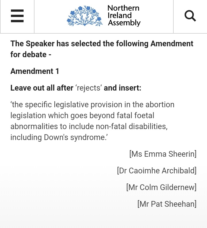 Here's the motion the DUP have tabled to block abortion regulations in Northern Ireland, and Sinn Féin's amendment to remove provision for severe foetal abnormality. 

Both breach of human rights standards and will mean women in the North will be forced to travel to England.