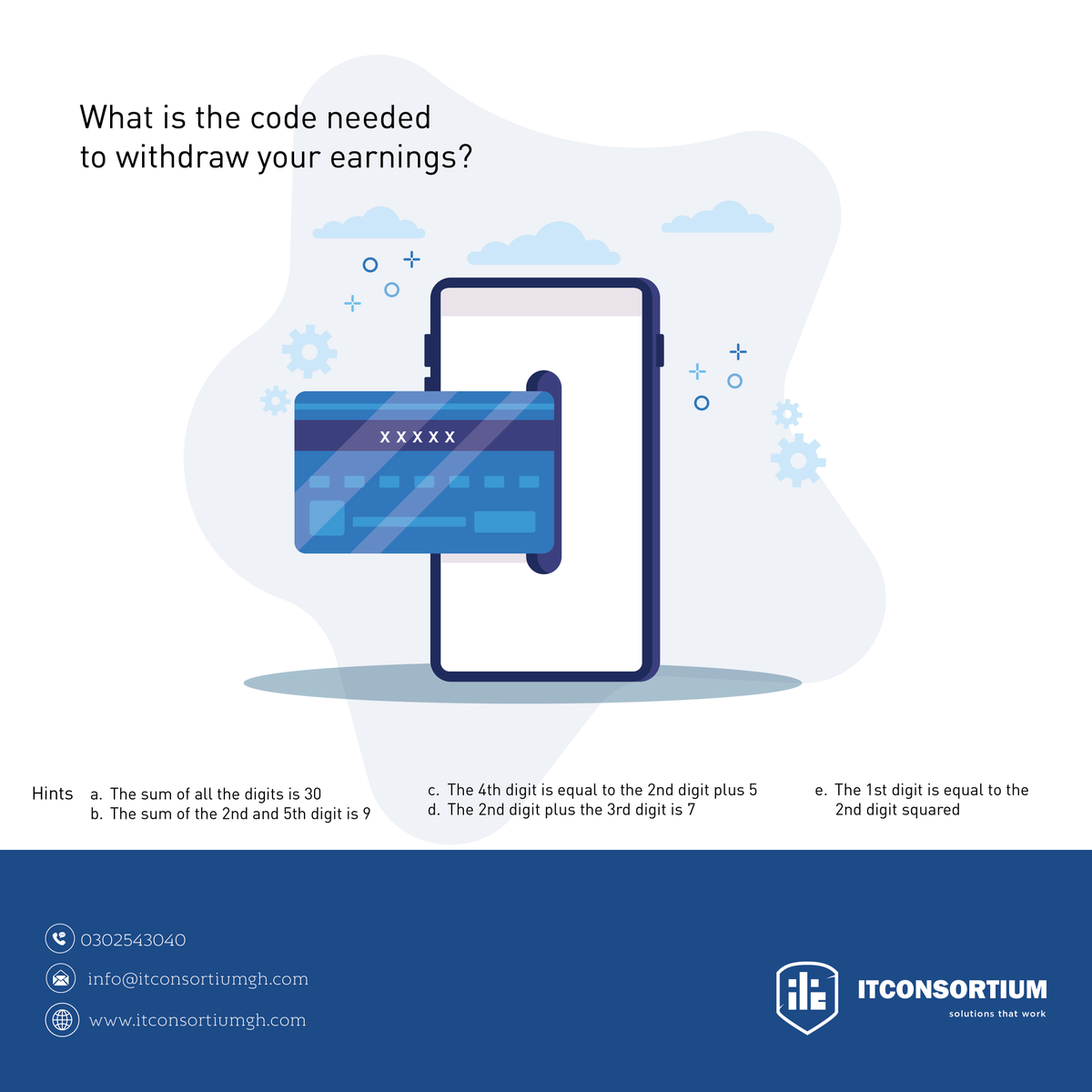 itconsortium_gh's tweet photo. Crack this code to withdraw the shops weekly earnings from your USSD Mobile Retail Payment Solution account. Be the first to retrieve the pin. Ready?
#MondayBrainTeaser #HappyNewMonth https://t.co/r1SgtYNl6b