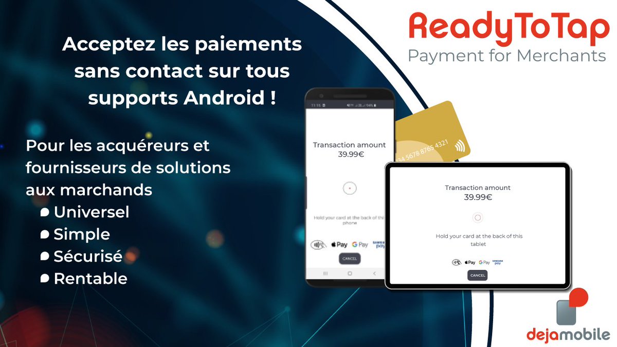 Vous êtes un #acquéreur ou un fournisseur de solutions pour commerçants ? Vous pourriez être intéressé par notre solution #ReadyToTap d'acceptation des paiements #sanscontact.
Pour en savoir plus➡️ bit.ly/2ZTB03Y

#mPOS #softPOS #paiementmobile