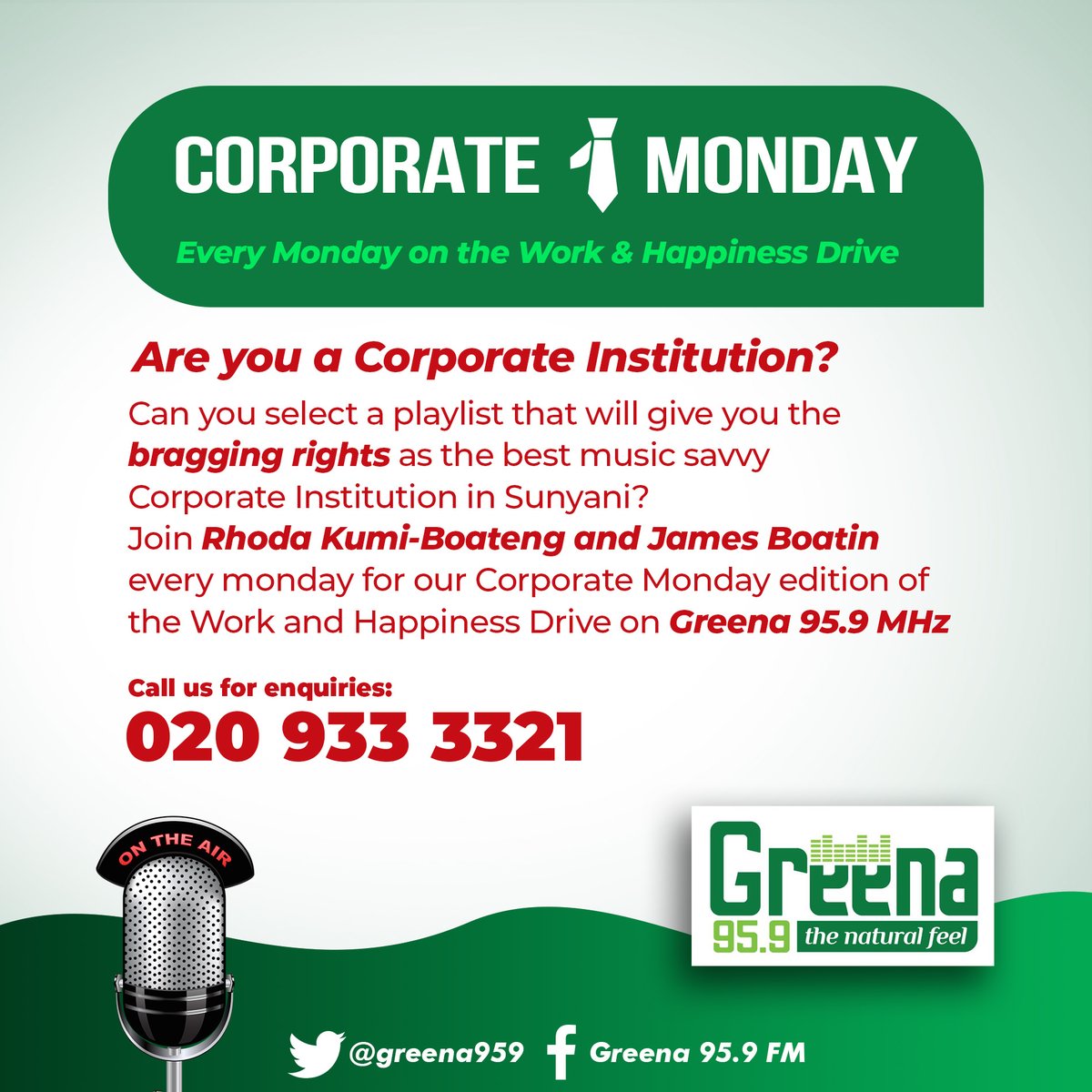 Greena959's tweet photo. Join @RhodaKBoateng, @DJPeaceGh, and @IamBoatin on the maiden edition of the Corporate Monday on the #WHDrive @ 14:00 - 17:30 GMT.

It's unbeatable music and entertainment on radio.

#GreenaFM 
@Greena959 https://t.co/yX73ItRFy8