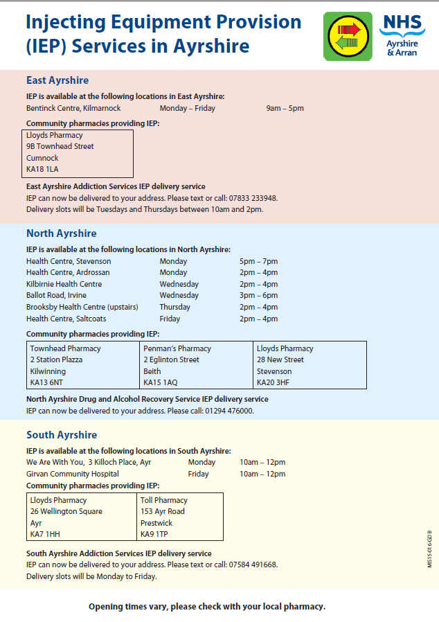 PSST_NHSaaa's tweet photo. Information on our Injecting Equipment Provision (IEP) services available in Ayrshire and Arran as of 01.06.20 👇 https://t.co/loeVFCS0ZZ