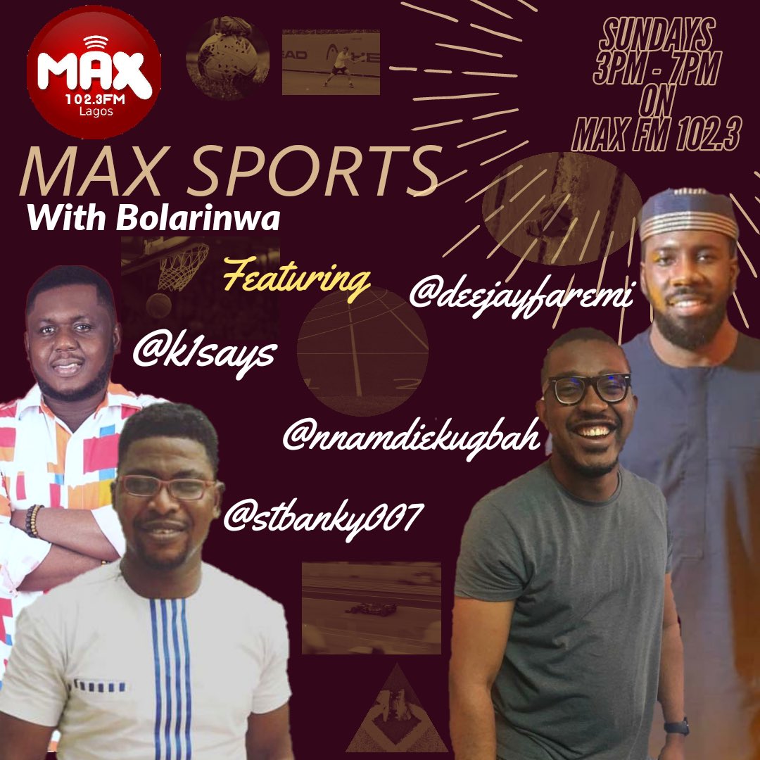 iambolar's tweet photo. CONTINUED FROM LAST POST.

Please welcome Kelechi Nkoro, Deji Faremi, Nnamdi Ekugbah and Titus Bankole. It’s MAX SPORTS on Max 102.3FM. It starts this Sunday, June 7 at 3pm. 

We are bringing good times back on the radio - the way you love it. 😉

Join us. 🙏🏾

#ReUnited 💪🏽 https://t.co/MHP9DXPrbc