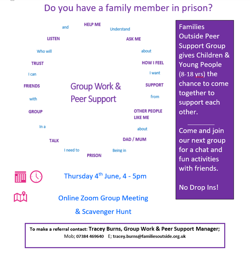 FamiliesOutside's tweet photo. If you are working with young people who have a #ParentInPrison let them know about our #PeerSupport Groups which are still meeting online. Our next session is this Thursday 4th June. For more information contact @TraceyB03959010 Tracey.Burns@familiesoutside.org.uk https://t.co/znG1HRvapf