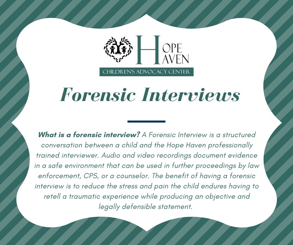 HopeHavenCAC's tweet image. Hope Haven conducts between 300-400 interviews each year. 
#hopehaven #forensicinterview #childfirst
