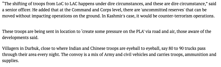 News18 says India is sending reinforcements from Kashmir to Ladakh. 'When asked if this was an intelligence and operational failure, a senior officer said, "China stabbed us in the back. In the middle of a pandemic, this was not expected." ...'  https://www.news18.com/news/india/army-sends-reinforcements-from-kashmir-to-ladakh-as-china-tries-to-bully-india-amid-cold-war-with-us-2646959.html