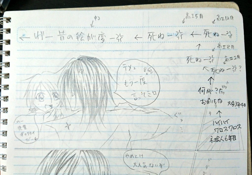 中学時代の黒歴史ノート見返したら各時代の私が過去の画力に物申してる