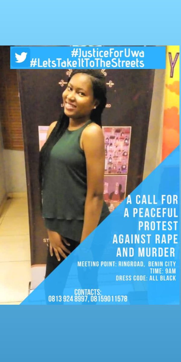 Come out today for UWA.
#SilentWalk #JusticeforUwa #Stoprapingwomen #justiceforjennifer #June1st #DearJune #June2020