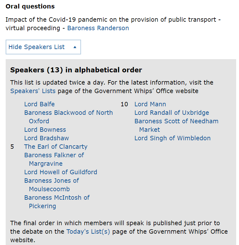 3/ Also on Tuesday in the Lords, @jennyranderson has a Question about #coronavirus and its impact on public #transport. Those scheduled to speak listed here: