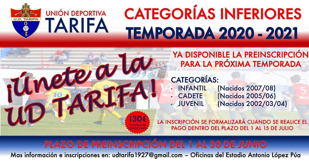 ✅ 𝗤𝗨𝗘𝗗𝗔 𝗔𝗕𝗜𝗘𝗥𝗧𝗢 𝗘𝗟 𝗣𝗟𝗔𝗭𝗢 𝗗𝗘 𝗣𝗥𝗘𝗜𝗡𝗦𝗖𝗥𝗜𝗣𝗖𝗜𝗢𝗡 𝗣𝗔𝗥𝗔 𝗟𝗔 𝗣𝗥𝗢𝗫𝗜𝗠𝗔 𝗧𝗘𝗠𝗣𝗢𝗥𝗔𝗗𝗔 ⚽️
Para poder realizar la preinscripción ponte en contacto con nosotros a través de cualquiera de nuestras redes sociales.
Correo: udtarifa1927@gmail.com