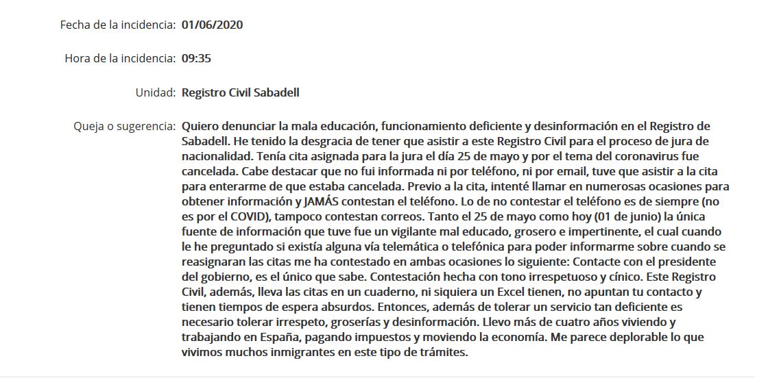 gabycabrera87's tweet photo. @justiciagob @Parainmigrantes @LegalteamBCN  Quiero denunciar públicamente la mala educación, funcionamiento deficiente y desinformación en el Registro de Sabadell. 
He tenido la desgracia de tener que asistir a este Registro Civil para el proceso de jura de nacionalidad. https://t.co/9OGkggQlJ3