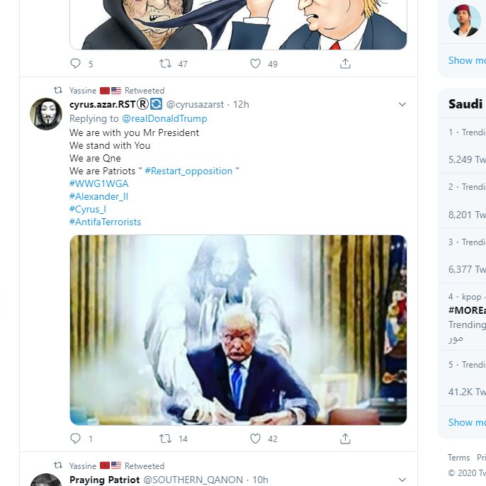 3/ Some strange accounts in there, such as this guy with a Morrocan and American flag in his bio, and who seems to be supporting Q/Great Awakening, and pro-Restart opposition in Iran. A rather unusual erm, but perhaps not surprising, account