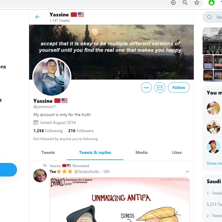 3/ Some strange accounts in there, such as this guy with a Morrocan and American flag in his bio, and who seems to be supporting Q/Great Awakening, and pro-Restart opposition in Iran. A rather unusual erm, but perhaps not surprising, account