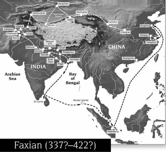 Early Chinese Buddhist Pilgrim Jin Dynasty Monk Faxian 法顯 traveled 2 India via Silk Road thru Central Asia and return to China via South China Sea thru maritime Silk Road btw 399-412. Much of what we know today abt medieval India came from writings of Chinese Buddhist travelers
