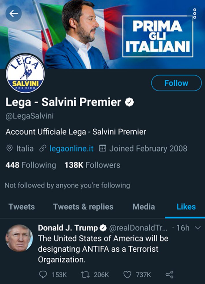 Indovinate chi ha messo mi piace al tweet in cui Trump annuncia di voler mettere Antifa tra le organizzazioni terroristiche.