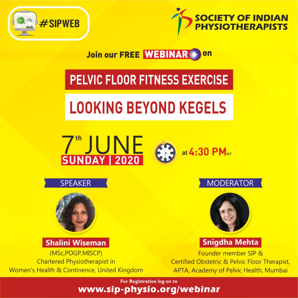 SIP_Physio's tweet photo. Join us to learn about Pelvic Floor Fitness Exercises Looking Beyond Kegels during our 7th #SIPWEB in our Free Webinar series on June 7 (Sunday) at 1630 hrs. Log on to https://t.co/vbiVT8k0K0 to register.
#IndianPhysios #GlobalPT #PelvicFloorExercises https://t.co/F5z256HBWZ