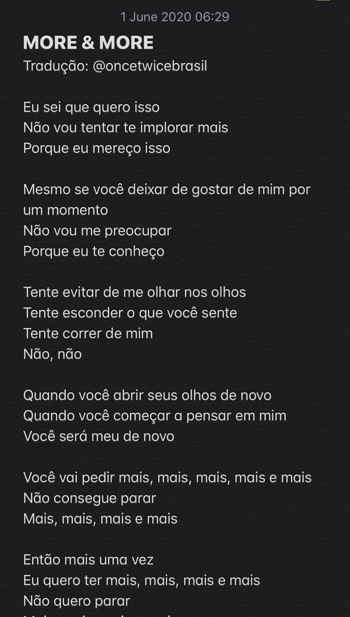 TWICE (NO) Brasil  Zone & Masterpiece on X: 🇧🇷 - Tradução completa da  letra de 'MORE & MORE'. *Não retire os créditos! @JYPETWICE   / X