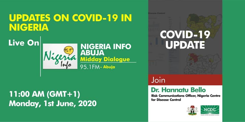 📣 COMING UP!!!

This morning on #MidDayDialogue, join our #RiskCommunication Officer Hannatu Bello live to discuss facts around #COVID19Nigeria. 

Tune to @NigeriaInfoAbj on #95.1FM.

Time - 11:00am

#TakeResponsibility