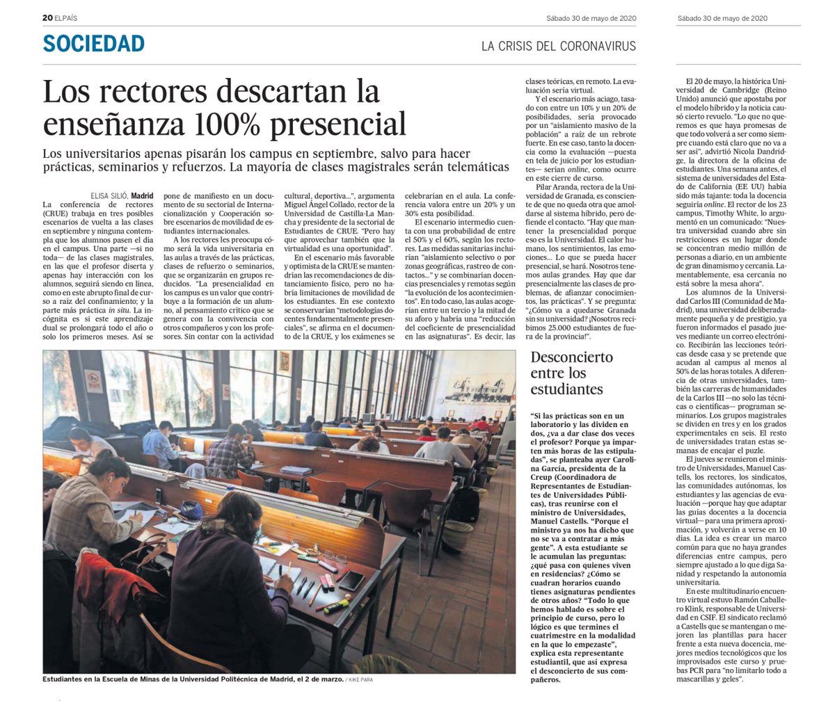 🗞️ Reportaje de <a href="/ElisaSilio/">Elisa Silió</a> en <a href="/el_pais/">EL PAÍS</a> sobre #CursoUniversitario 2020-21 con opiniones de universidades (<a href="/ma_collado/">Miguel Ángel Collado</a> @PilarArandaUGR), estudiantes (@carolGL2805) y sindicatos (@mortegacantero Ramón Caballero Klink). <a href="/CrueUniversidad/">Crue Universidades</a> <a href="/uni_g9/">G-9 de Universidades</a> <a href="/uclm_es/">Universidad de Castilla-La Mancha</a> 
👉 elpais.com/sociedad/2020-…