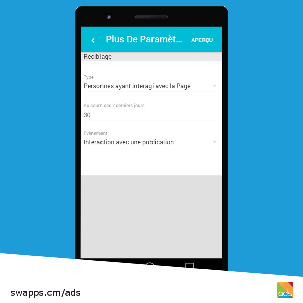 swappsads's tweet photo. Cibler 🎯 une #publicité aux personnes ayant interagi avec une publication de Page, au cours des 30 derniers jours. https://t.co/AdI52G0WmL
